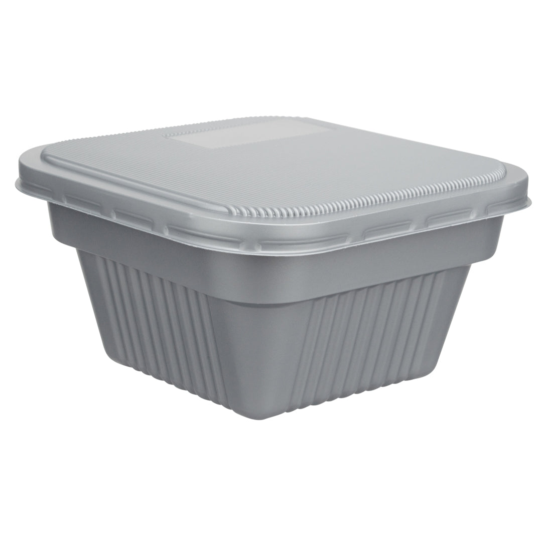 Futura 34 oz Silver Plastic Take Out Bowl - with Lid, Microwavable, Inserts Available - 6" x 6" x 3 1/4" - 100 count box