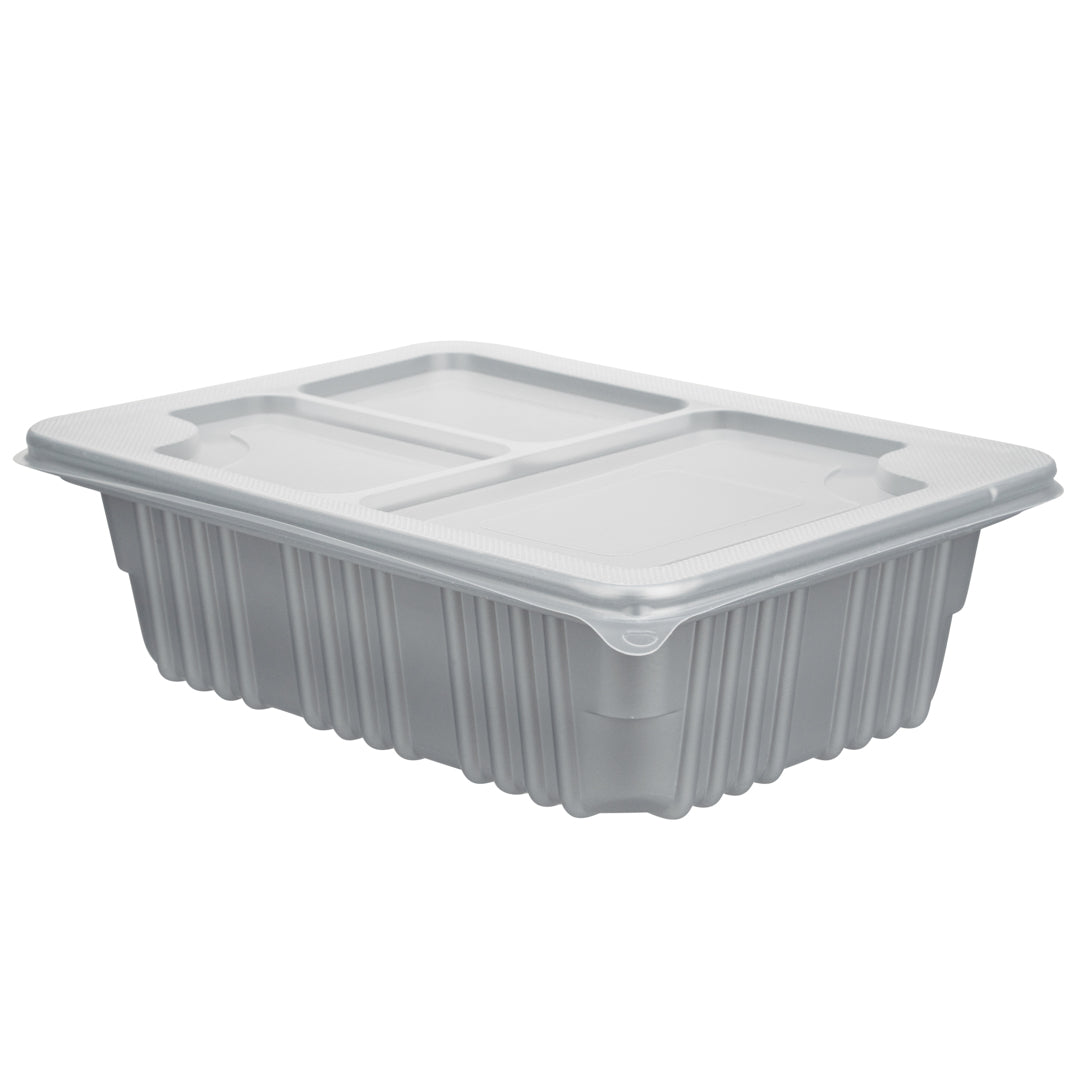 Futura 34 oz Silver Plastic Take Out Box - with Clear Lid, Microwavable, Inserts Available - 8 1/4" x 6" x 2 1/2" - 100 count box