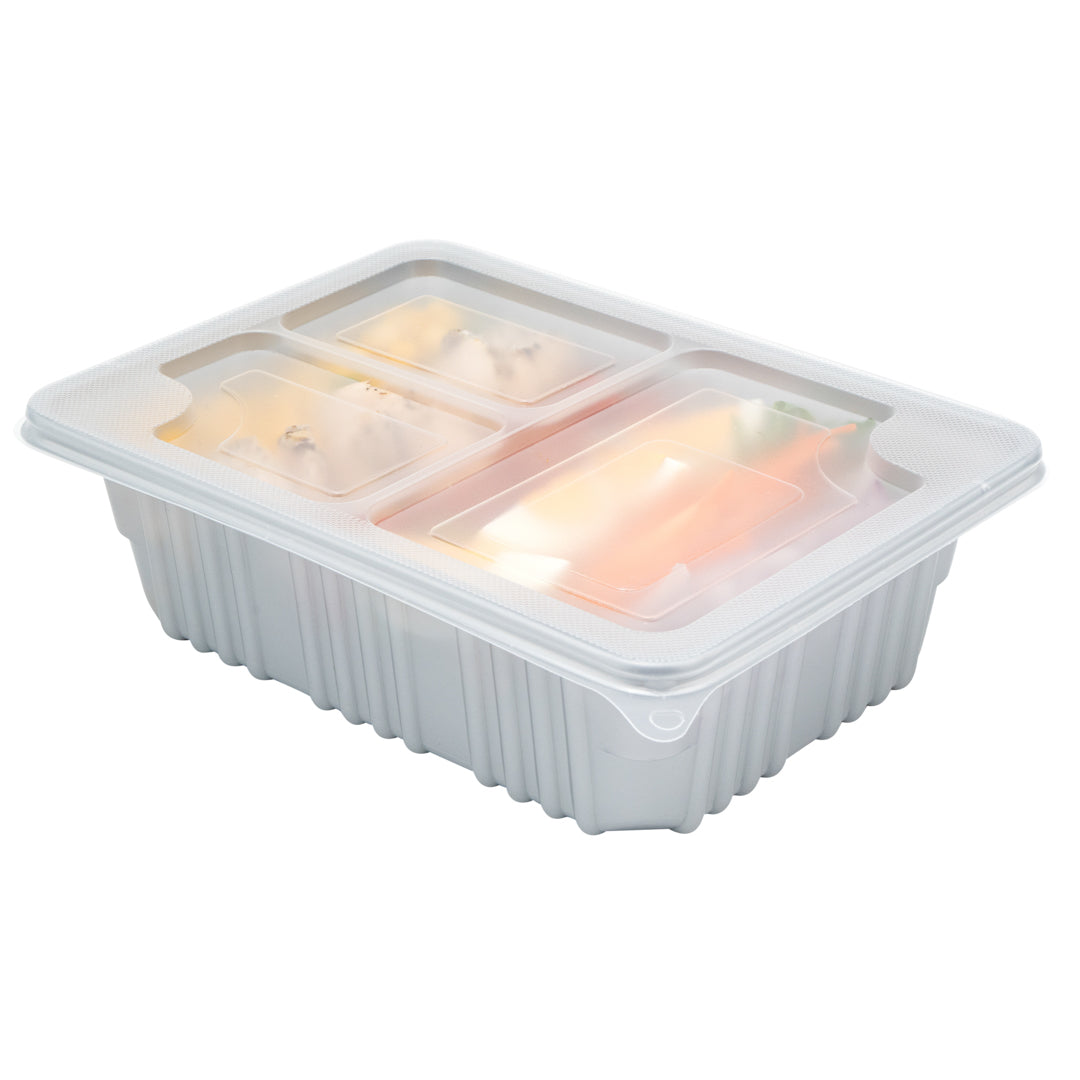 Futura 34 oz Silver Plastic Take Out Box - with Clear Lid, Microwavable, Inserts Available - 8 1/4" x 6" x 2 1/2" - 100 count box