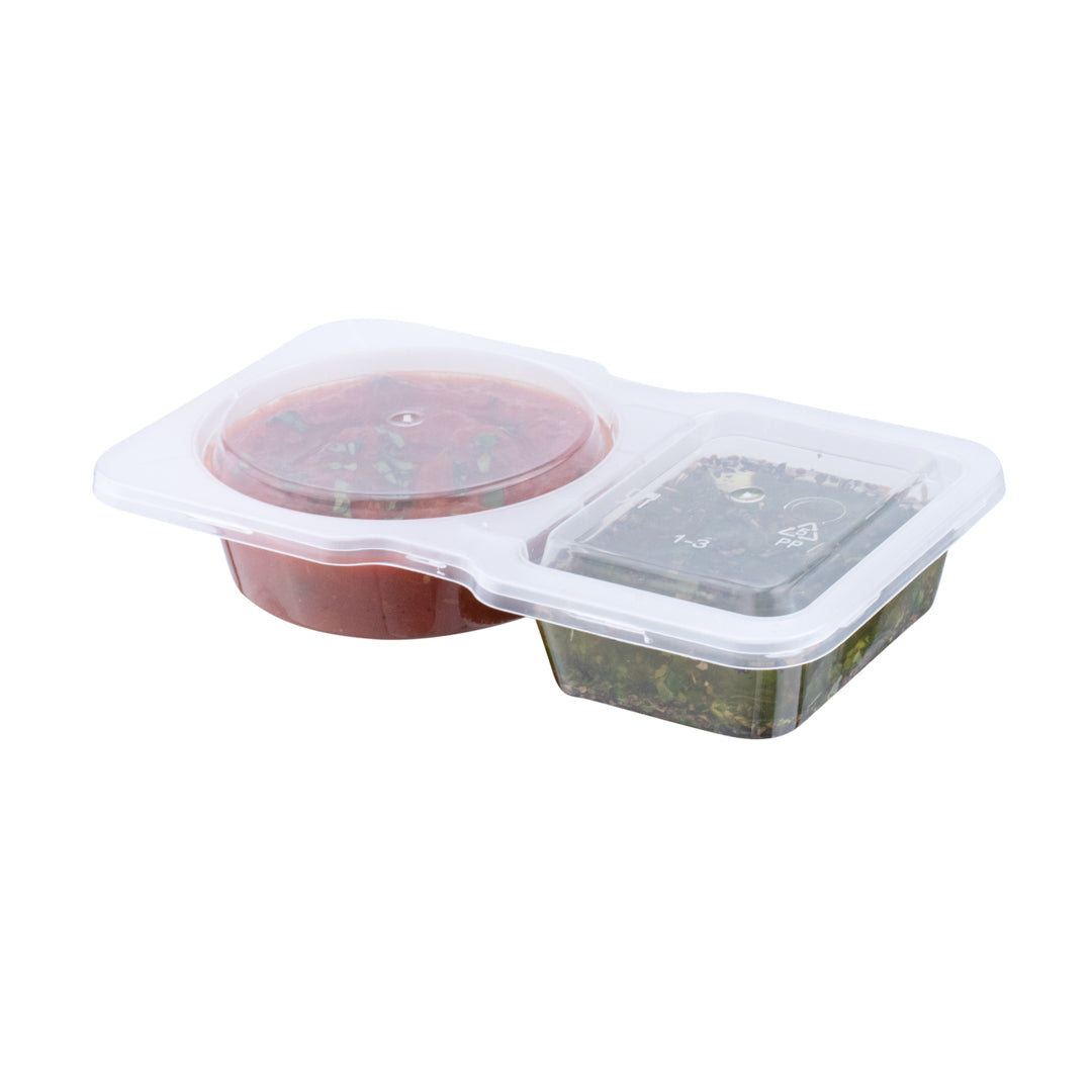 Futura 5 oz Clear Plastic Sauce Container - with Hinged Lid, 2-Compartment, Microwavable - 4" x 3 1/4" x 1" - 500 count box