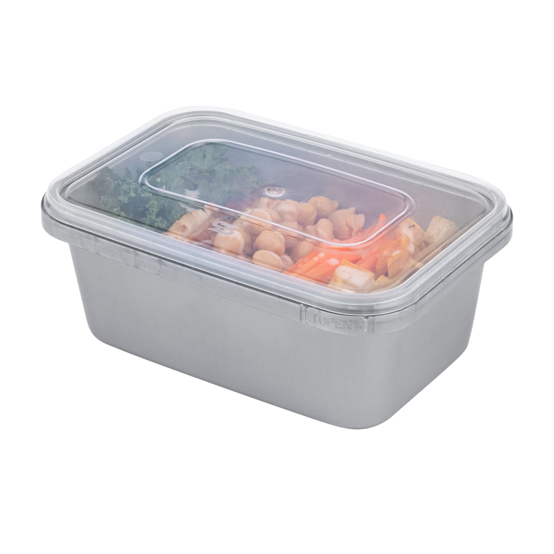 Futura 35 oz Silver Plastic Tamper-Evident Container - with Clear Lid, Microwavable - 7" x 4 3/4" x 2 3/4" - 100 count box