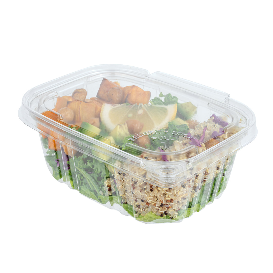 Tamper Tek 16 oz Rectangle Clear Plastic Container - with Hinged Lid, Tamper-Evident - 4 3/4" x 6" x 2" - 100 count box