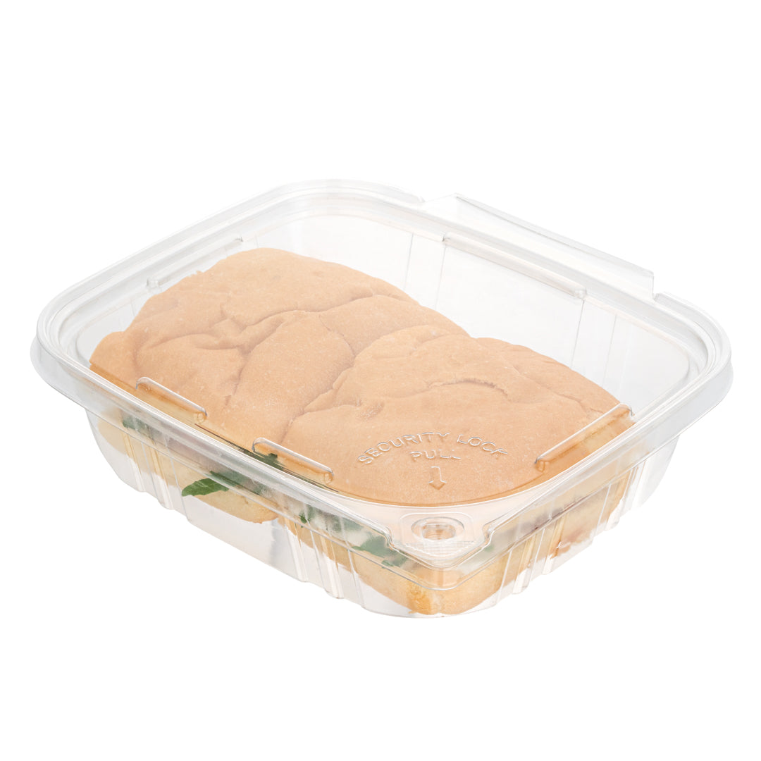 Tamper Tek 24 oz Rectangle Clear Plastic Container - with Hinged Lid, Tamper-Evident - 6 1/2" x 4 1/2" x 2" - 100 count box