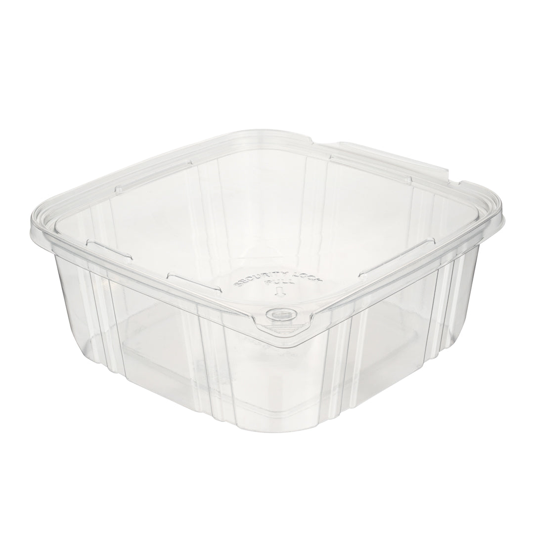 Tamper Tek 64 oz Rectangle Clear Plastic Container - with Hinged Lid, Tamper-Evident - 8 1/4" x 7 1/2" x 3 1/4" - 100 count box