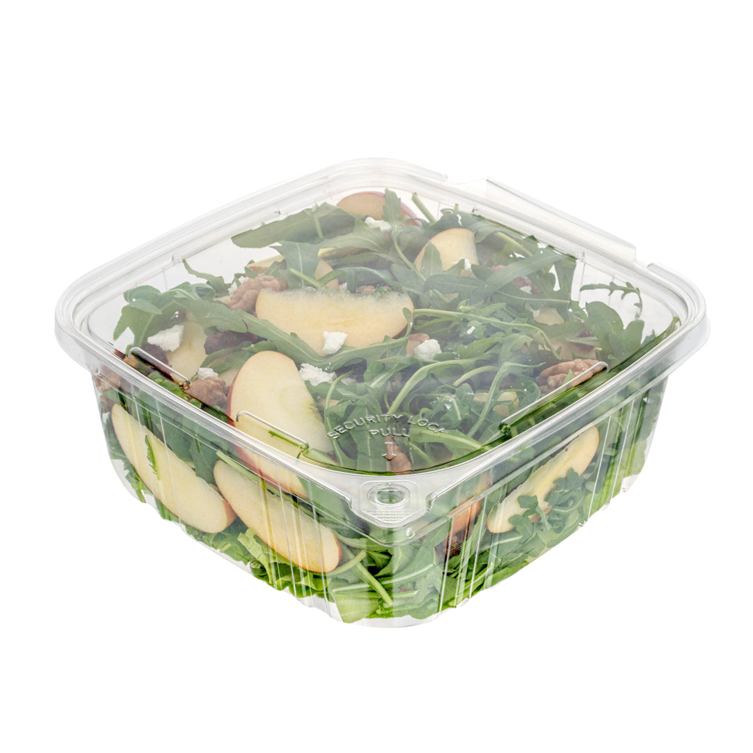 Tamper Tek 64 oz Rectangle Clear Plastic Container - with Hinged Lid, Tamper-Evident - 8 1/4" x 7 1/2" x 3 1/4" - 100 count box