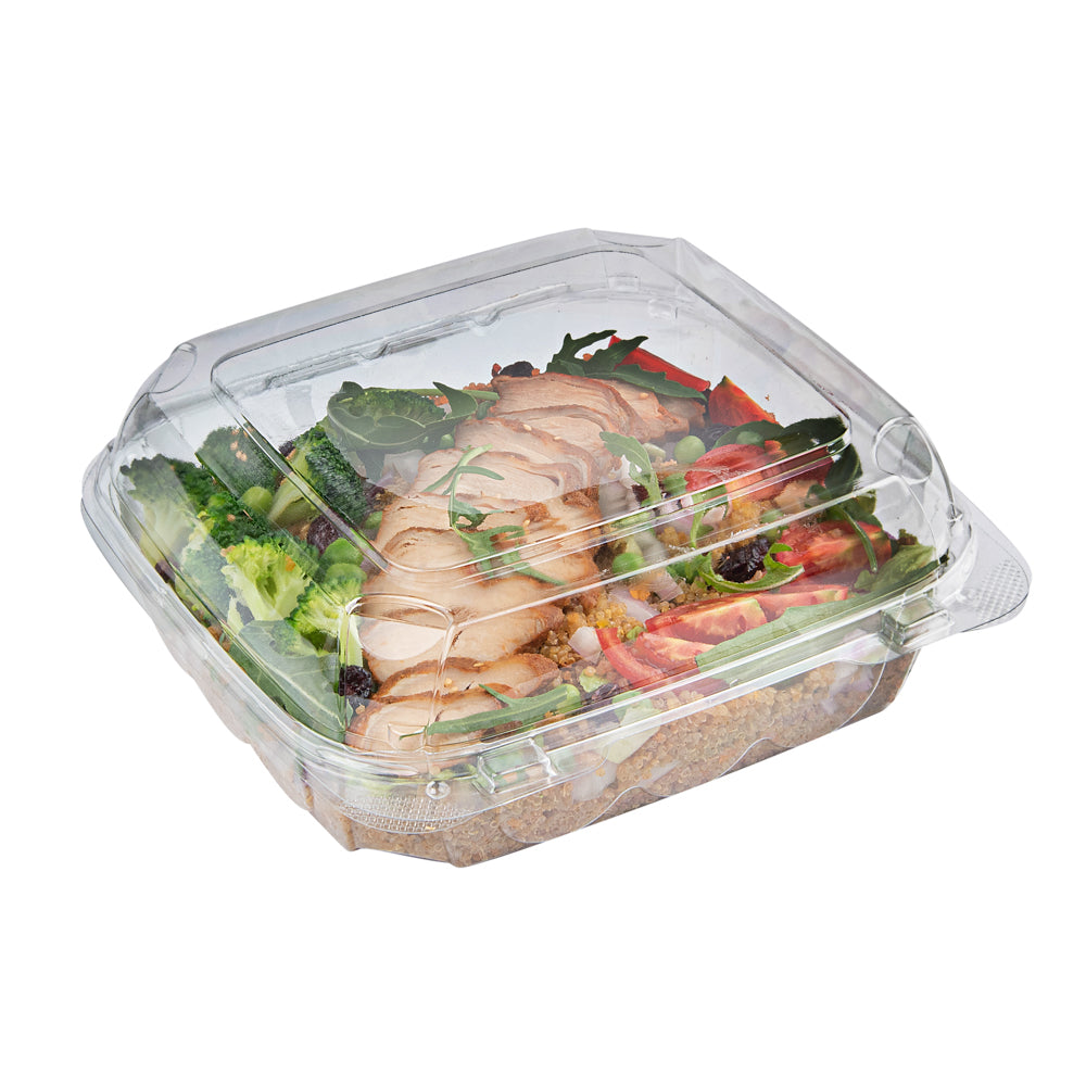 Thermo Tek 39 oz Square Clear Plastic Clamshell Container - Anti-Fog - 7 3/4" x 7 3/4" x 2 1/2" - 100 count box