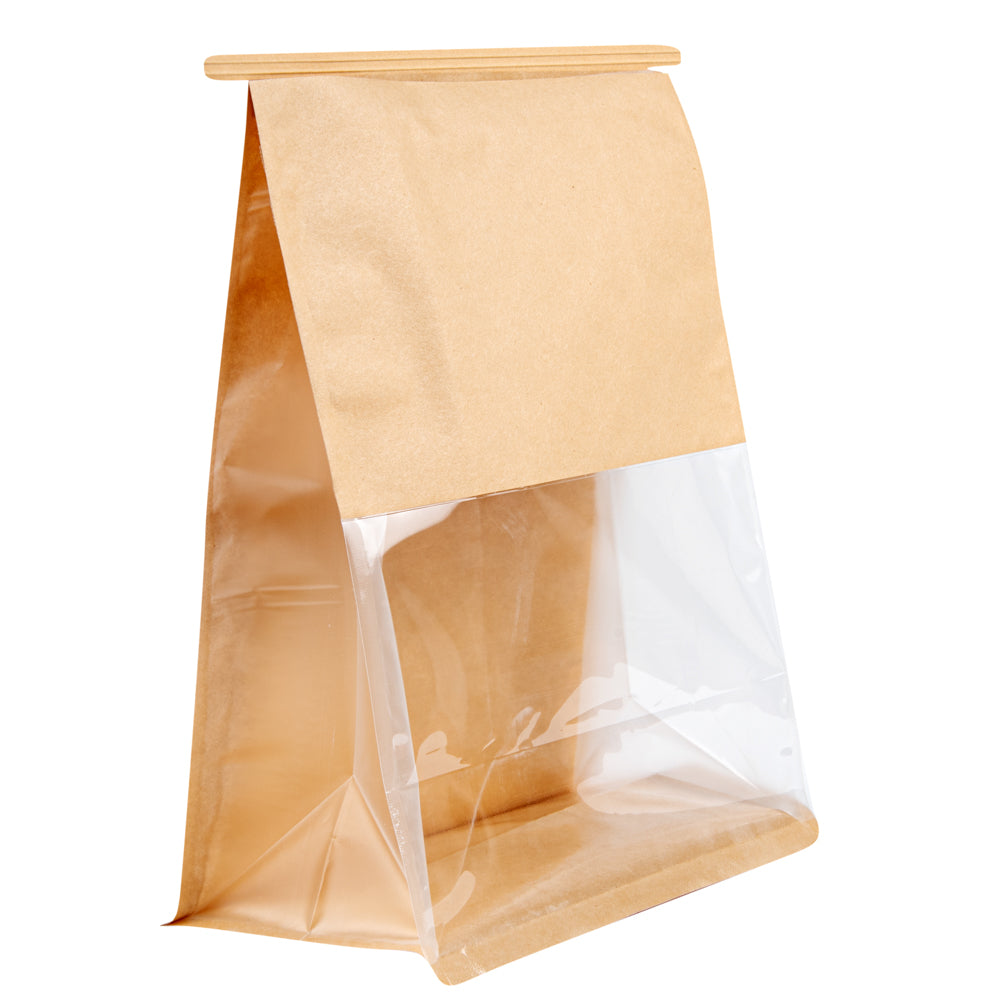 Bag Tek Kraft Cotton Paper Tin Tie Bag - with Clear Window - 8 3/4" x 4 1/2" x 10 3/4" - 100 count box