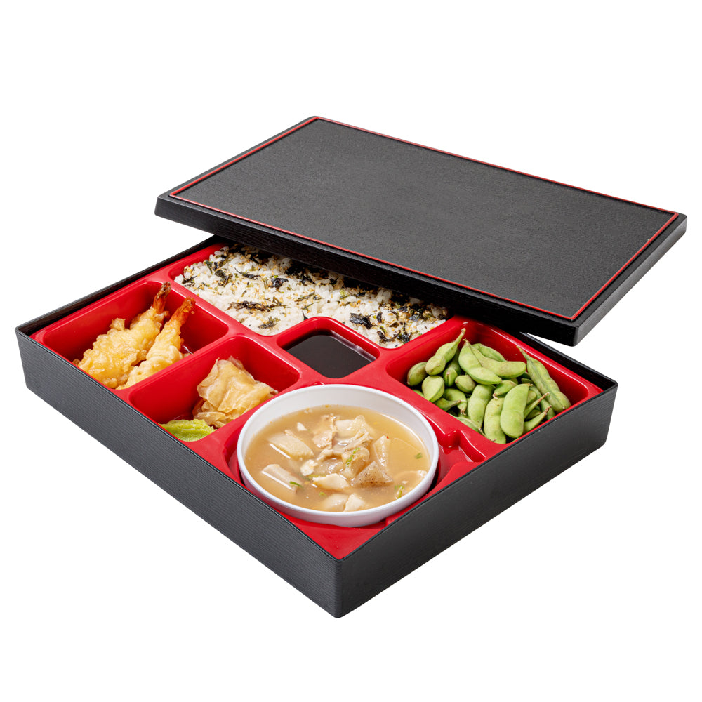 Bento Tek Rectangle Black and Red Large Japanese Style Bento Box - 6 Compartments, with Bowl - 12 1/4" x 9 3/4" x 2 1/4" - 1 count box