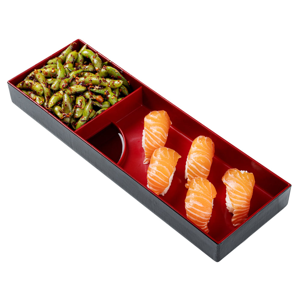 Bento Tek Black and Red Japanese Style Bento Tray - 2 Compartments - 14" x 4 3/4" x 1 3/4" - 1 count box