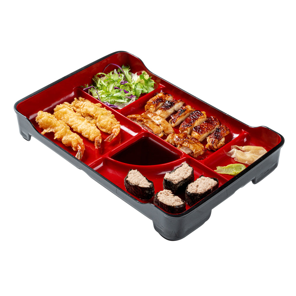 Bento Tek Black and Red Japanese Style Bento Plate - 5 Compartments - 14" x 9" x 2" - 1 count box