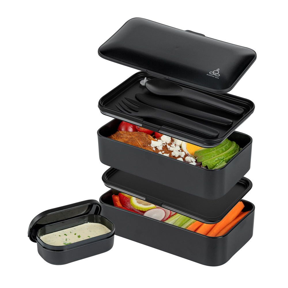 Bento Tek 41 oz Black Buddha Box All-in-One Lunch Box - with Utensils, Sauce Cup - 7 1/4" x 4 1/4" x 4" - 1 count box