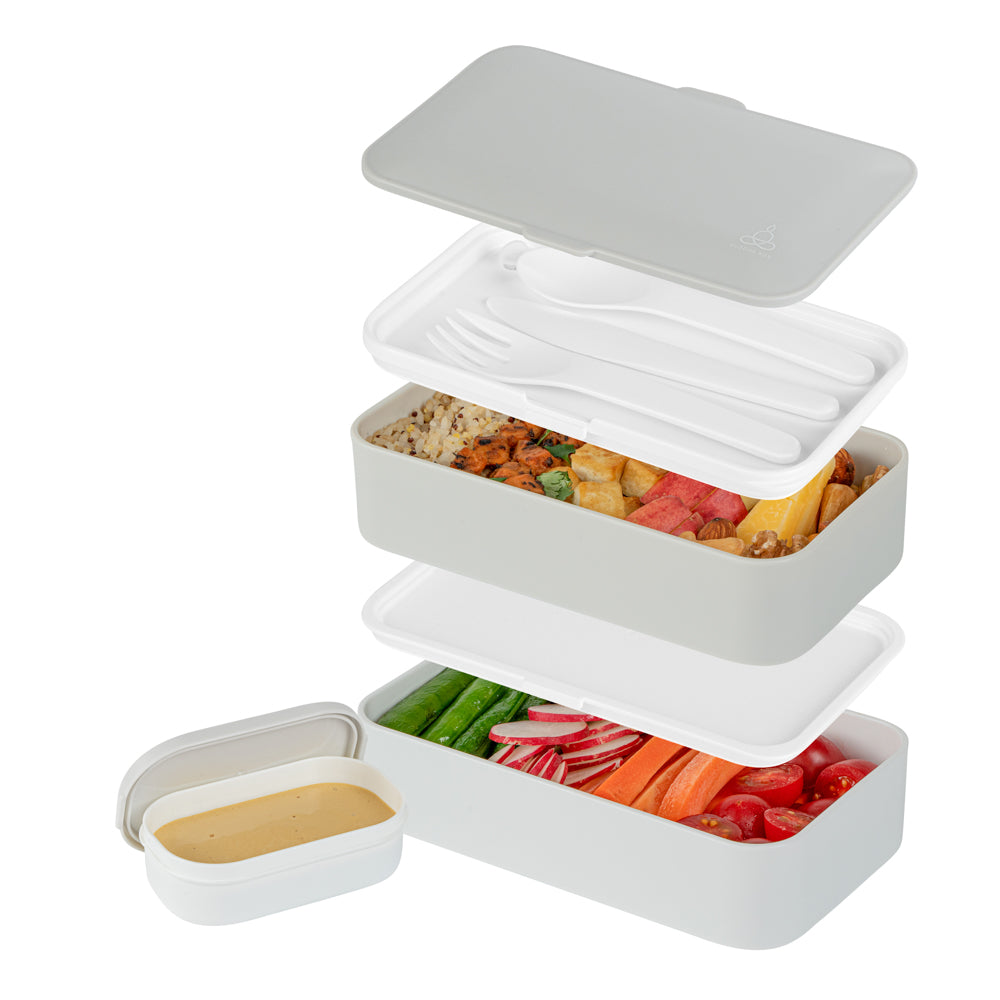 Bento Tek 41 oz Gray and White Buddha Box All-in-One Lunch Box - with Utensils, Sauce Cup - 7 1/4" x 4 1/4" x 4" - 1 count box