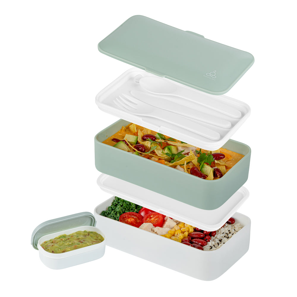 Bento Tek 41 oz Green and White Buddha Box All-in-One Lunch Box - with Utensils, Sauce Cup - 7 1/4" x 4 1/4" x 4" - 1 count box