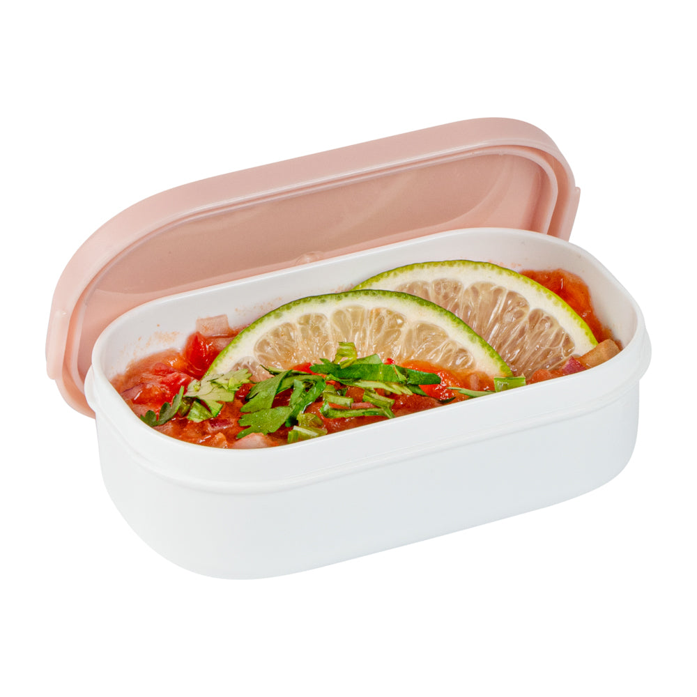 Bento Tek 3 oz White Buddha Box Snack / Sauce Container - with Pink Lid - 3 3/4" x 2 1/4" x 1 1/4" - 4 count box