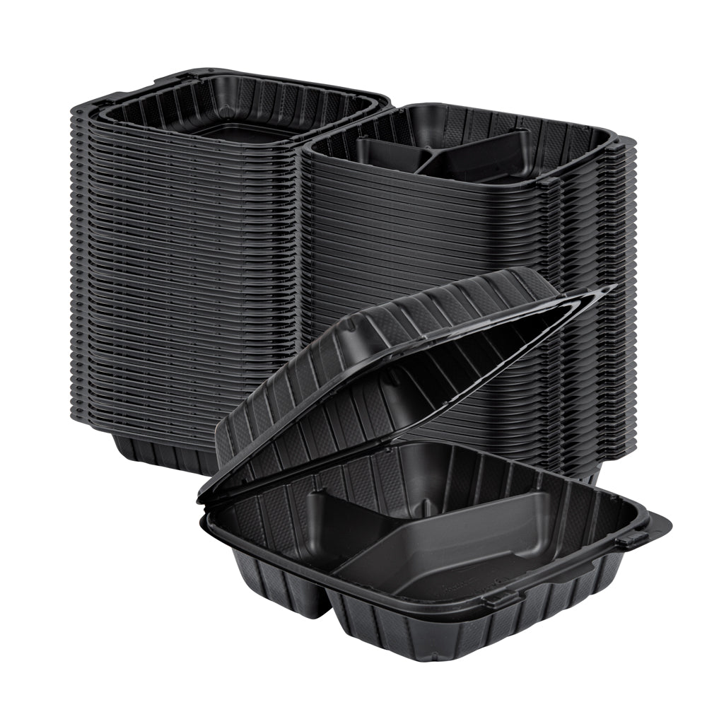 Thermo Tek 28 oz Black Mineral-Filled Plastic Clamshell Container - 3 Compartments - 8" x 8" x 3" - 100 count box