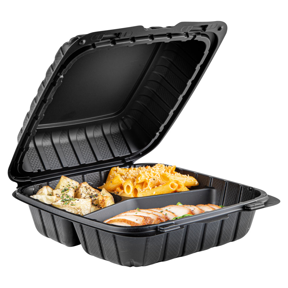 Thermo Tek 28 oz Black Mineral-Filled Plastic Clamshell Container - 3 Compartments - 8" x 8" x 3" - 100 count box