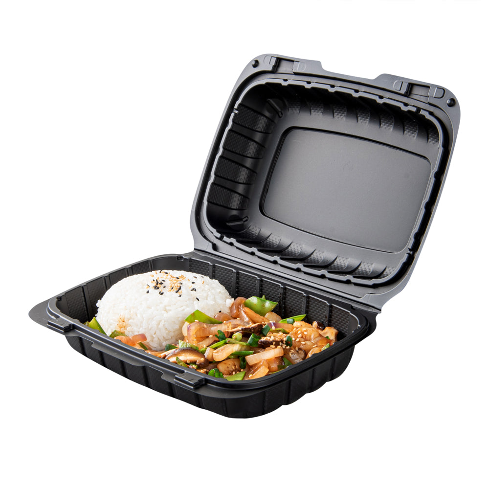 Thermo Tek 30 oz Black Mineral-Filled Plastic Clamshell Container - 9" x 6" x 3" - 100 count box