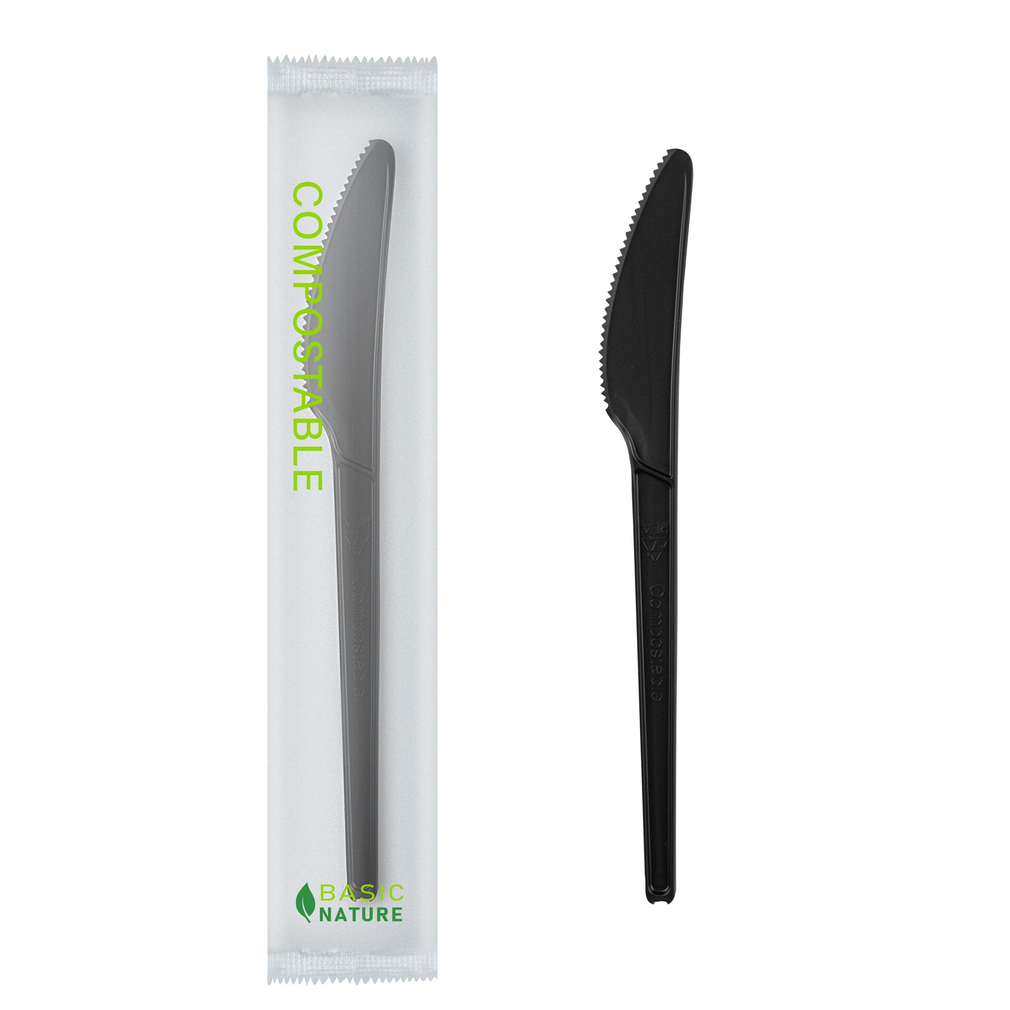 Basic Nature Black CPLA Plastic Knife - Compostable Wrapper, Heat-Resistant - 6 1/2" - 250 count box