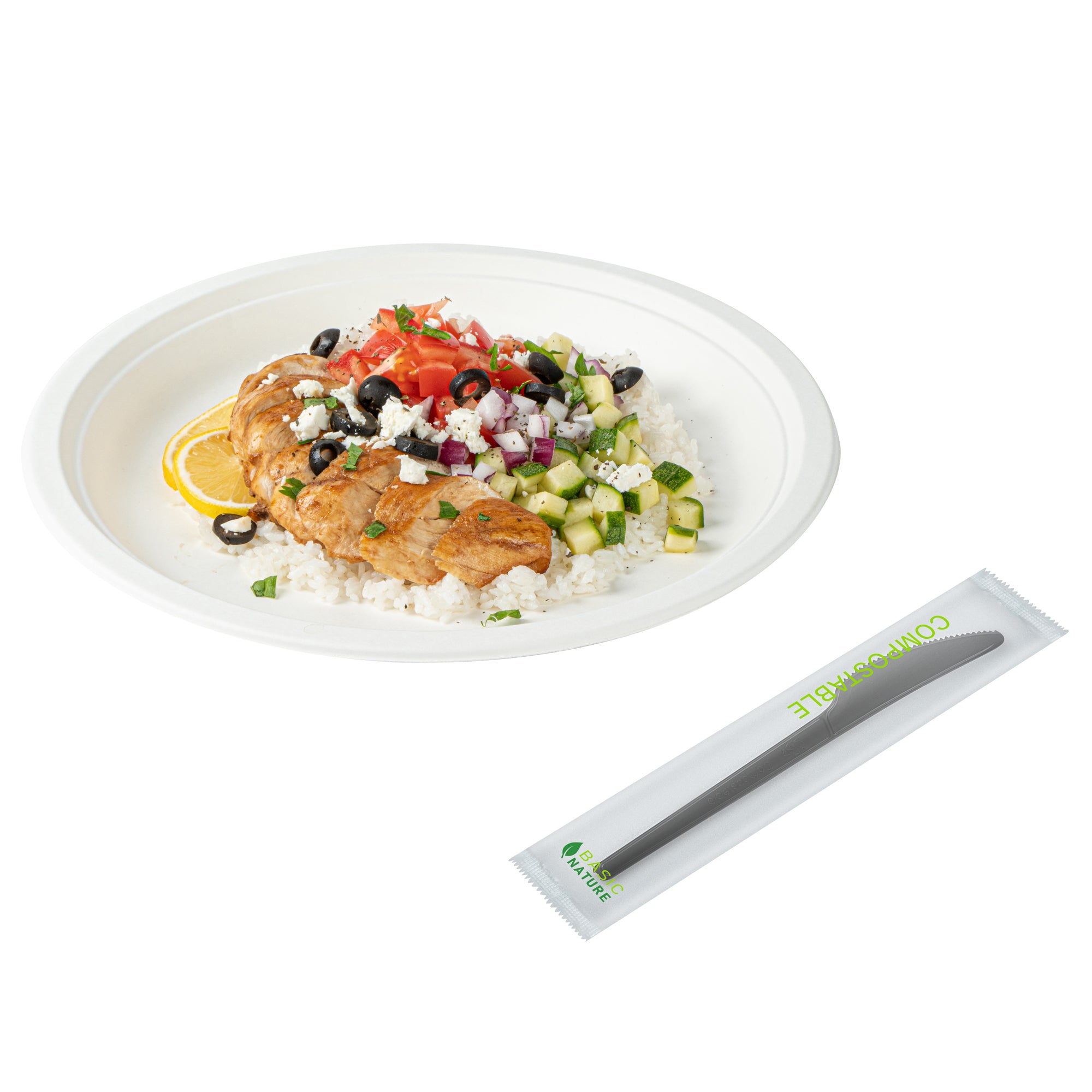 Basic Nature Black CPLA Plastic Knife - Compostable Wrapper, Heat-Resistant - 6 1/2" - 250 count box