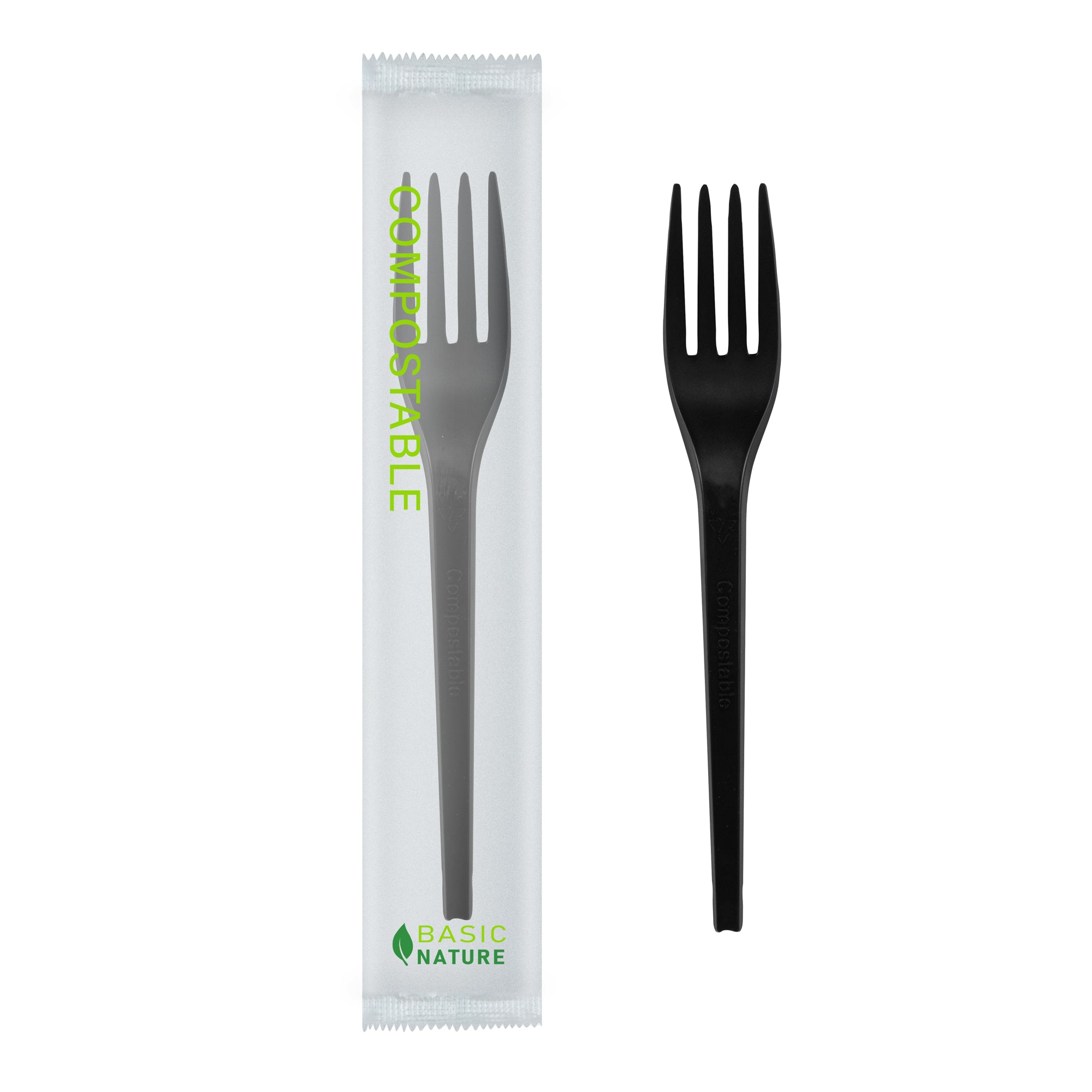 Basic Nature Black CPLA Plastic Fork - Compostable Wrapper, Heat-Resistant - 6 1/2" - 250 count box