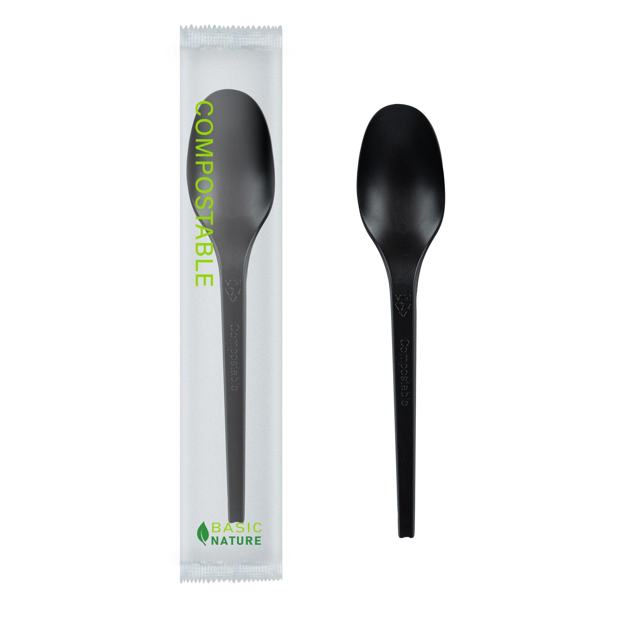 Basic Nature Black CPLA Plastic Spoon - Compostable Wrapper, Heat-Resistant - 6 1/2" - 250 count box