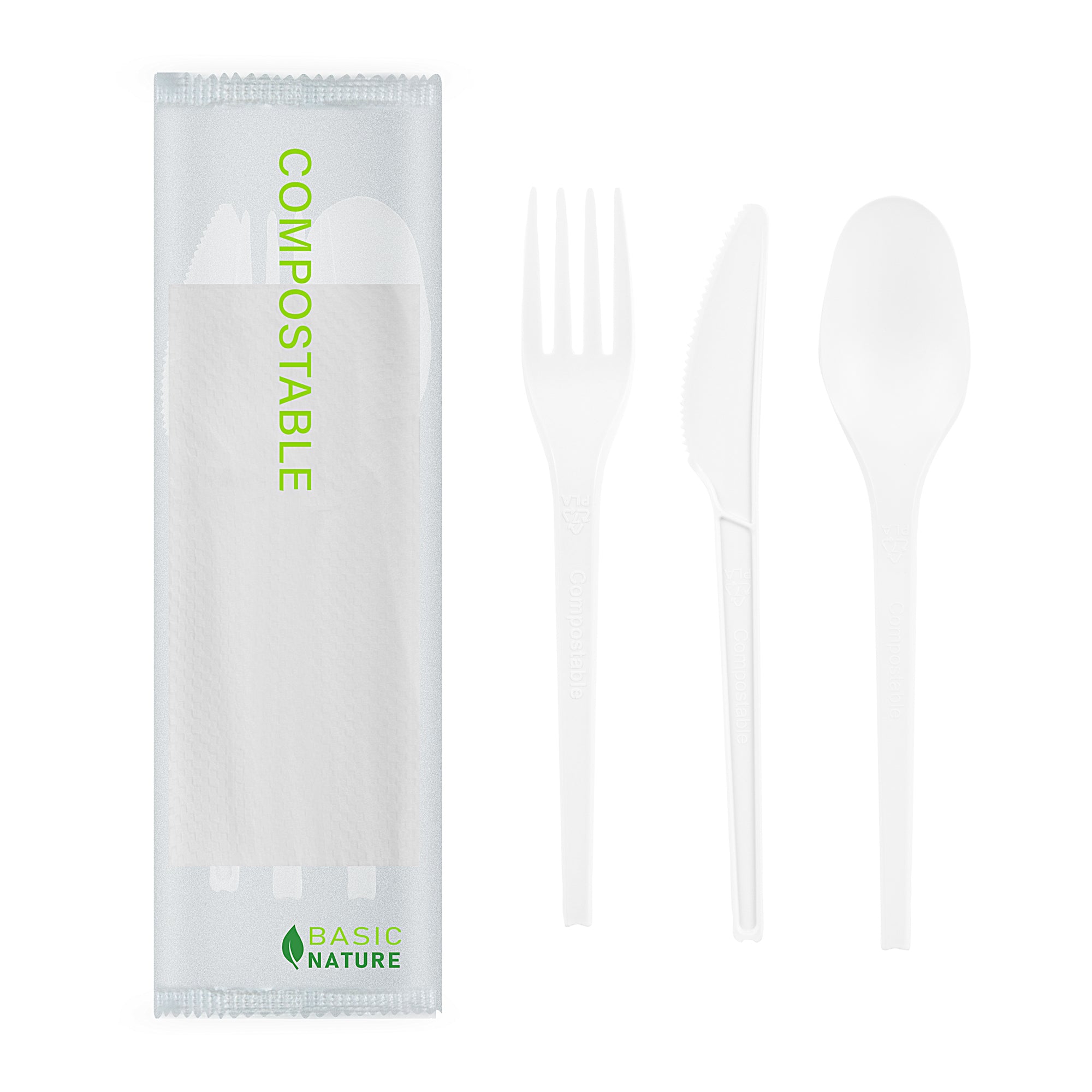 Basic Nature White CPLA Plastic Cutlery Set - Compostable Wrapper, White Napkin, Heat-Resistant - 6 1/2" - 100 count box