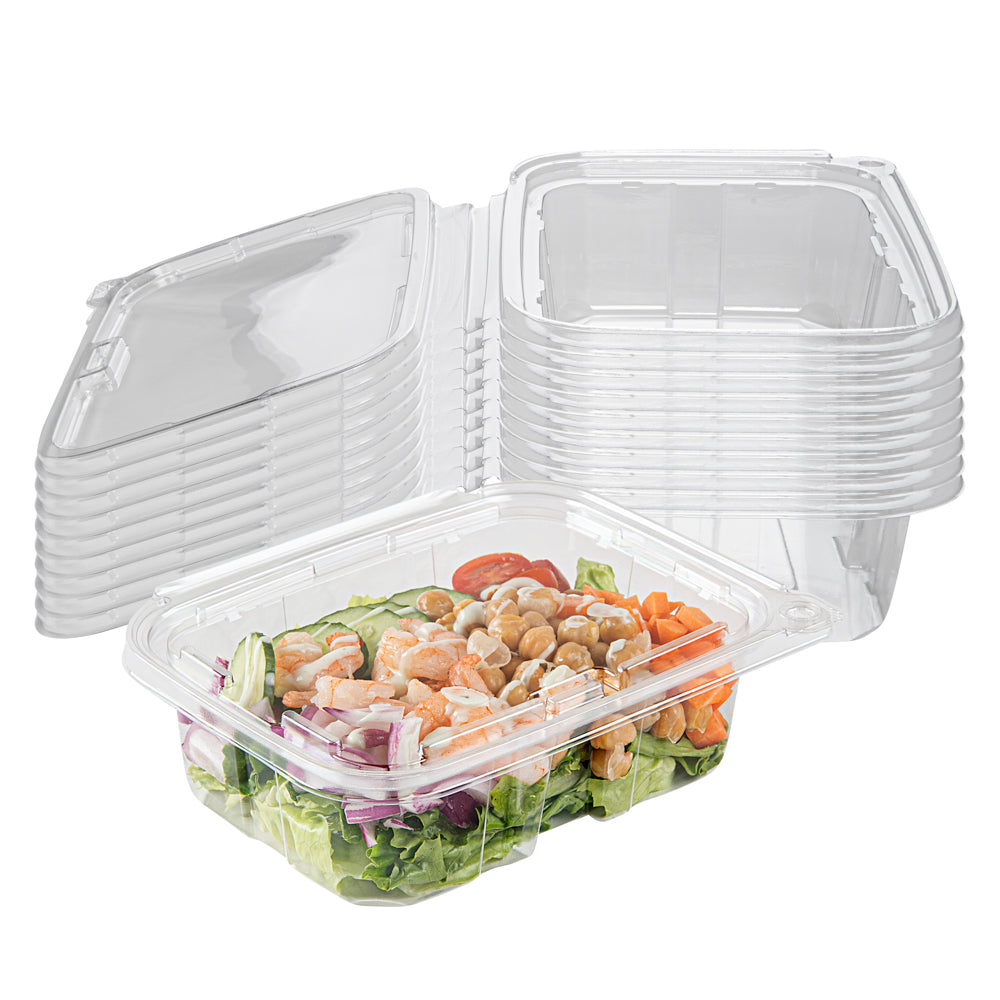 Tamper Tek 20 oz Rectangle Clear Plastic Salad Container - with Lid, Tamper-Evident - 7 1/4" x 5 1/2" x 2" - 100 count box