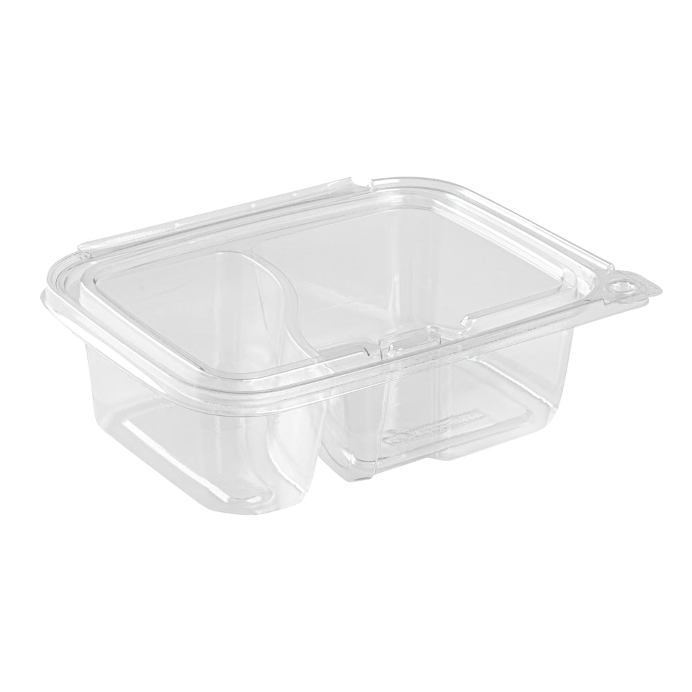 Tamper Tek 24 oz Rectangle Clear Plastic Container - with Lid, Tamper-Evident, 2 Compartments - 7 1/4" x 5 1/2" x 2 1/4" - 100 count box