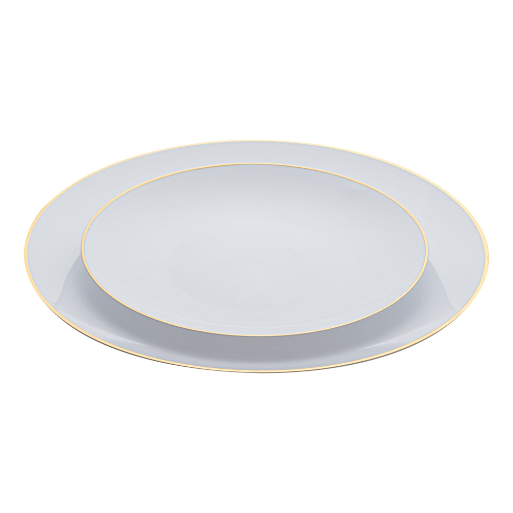 Moderna Round White Plastic Gold-Rimmed Plate - Includes 7" and 10" Plates - 40 count box