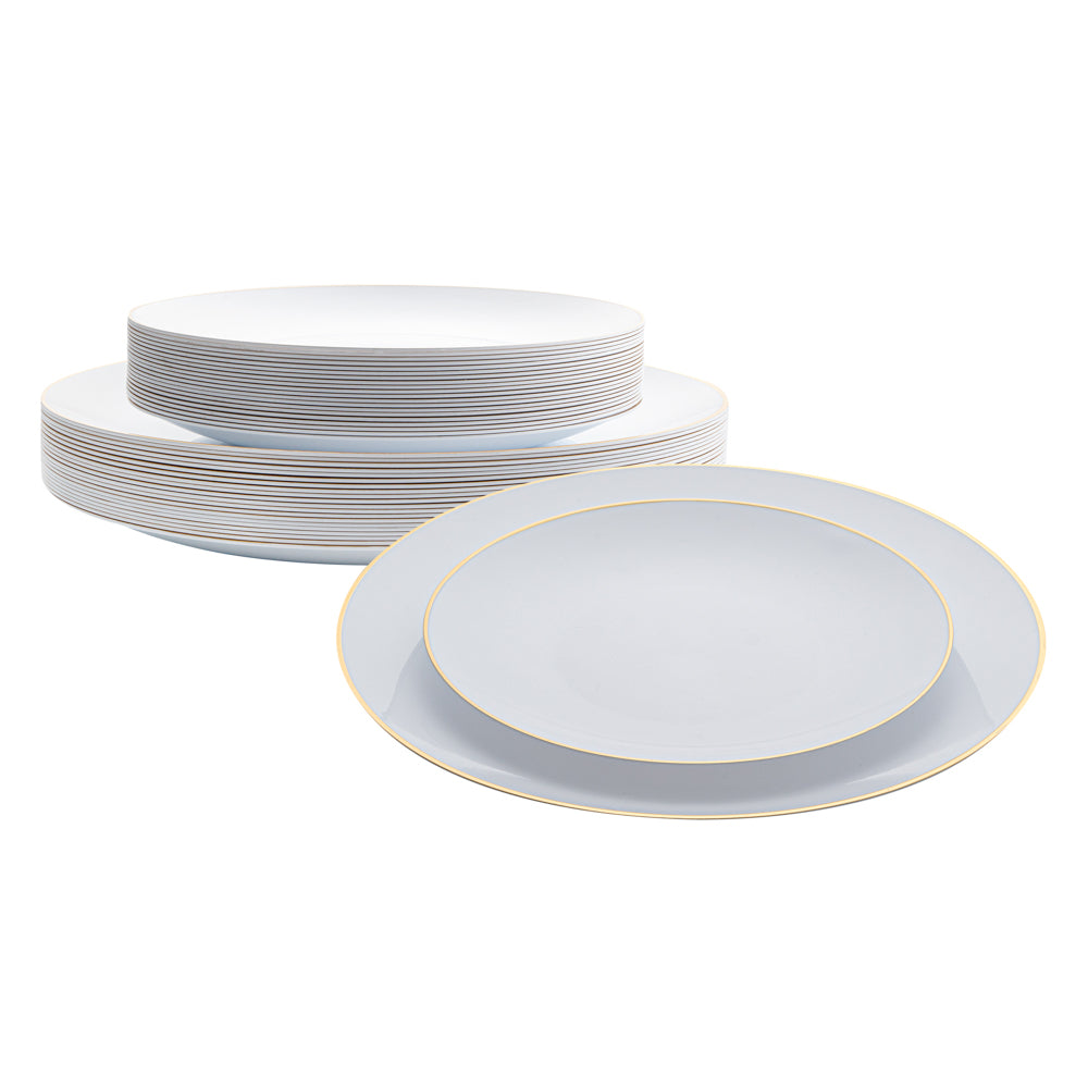 Moderna Round White Plastic Gold-Rimmed Plate - Includes 7" and 10" Plates - 40 count box