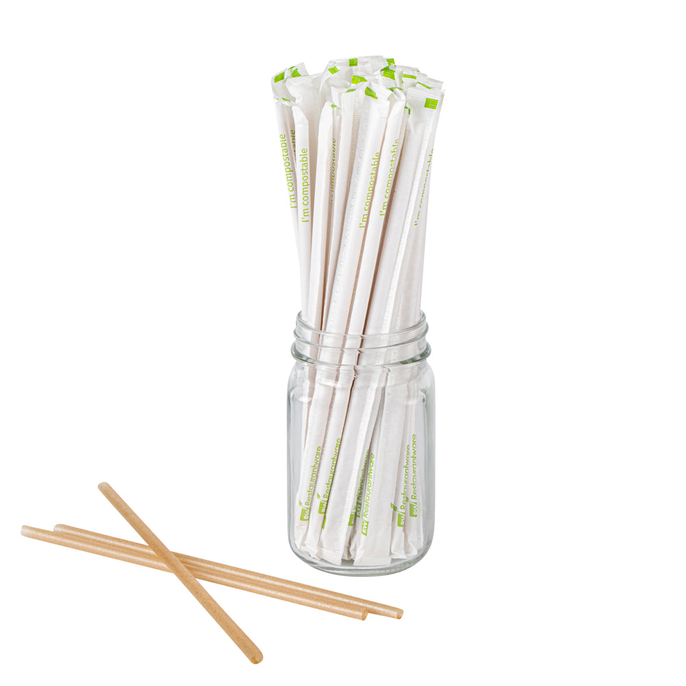 Basic Nature Brown PLA Plastic / Sugarcane Straw - Wrapped, Compostable - 8 1/4" - 2000 count box