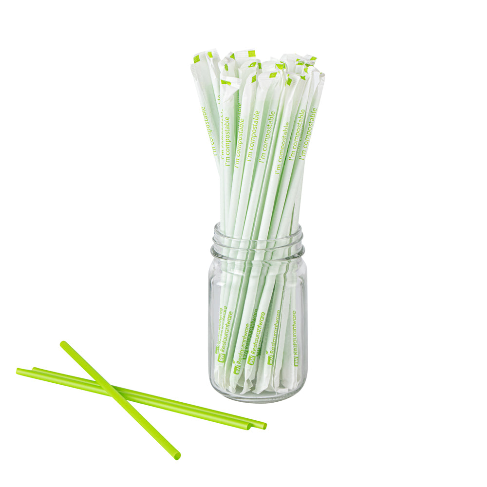 Basic Nature Green PLA Plastic / PBAT Plastic Straw - Wrapped, Compostable - 8 1/4" - 2000 count box