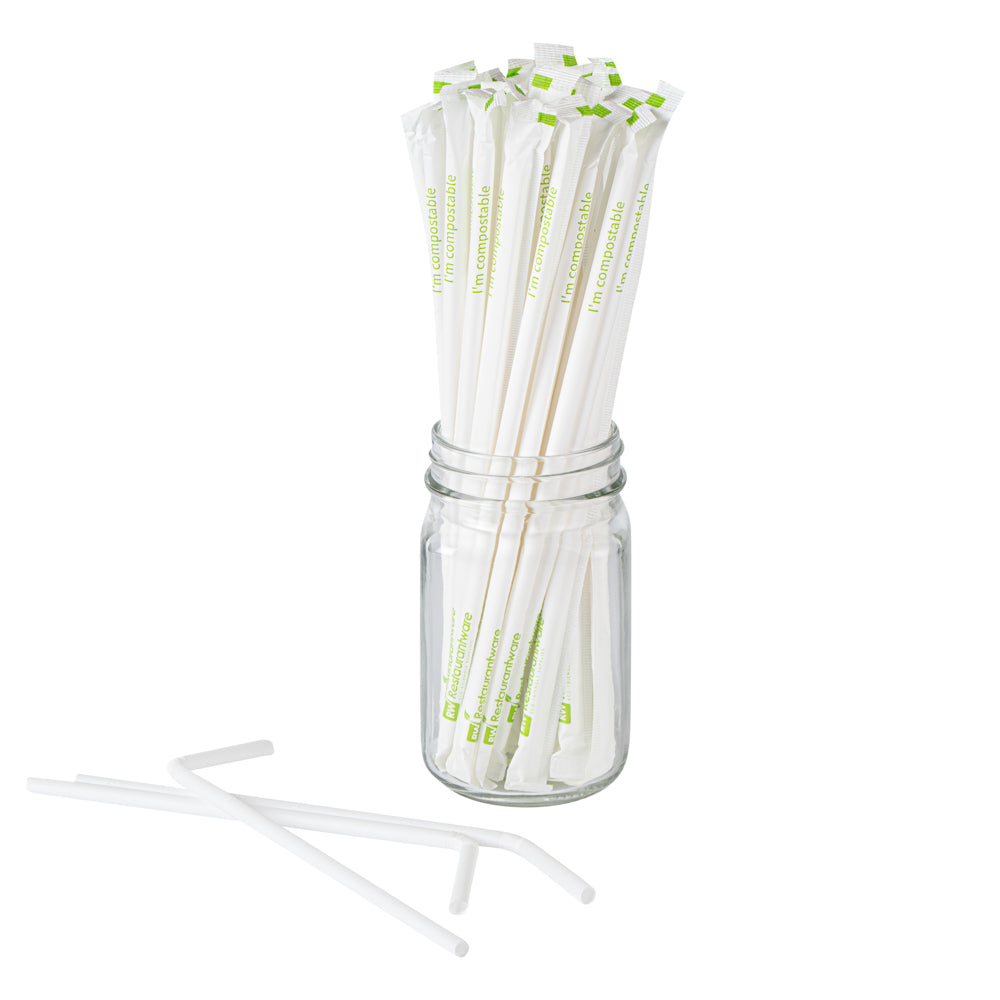 Basic Nature White PLA Plastic / PBAT Plastic Straw - Wrapped, Flexible, Compostable - 8 1/4" - 2000 count box