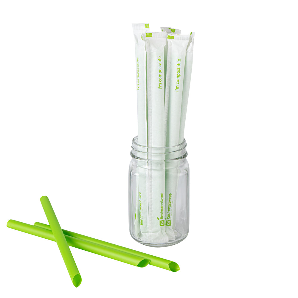 Basic Nature Green PLA Plastic / PBAT Plastic Boba Straw - Wrapped, Compostable - 9" - 2000 count box