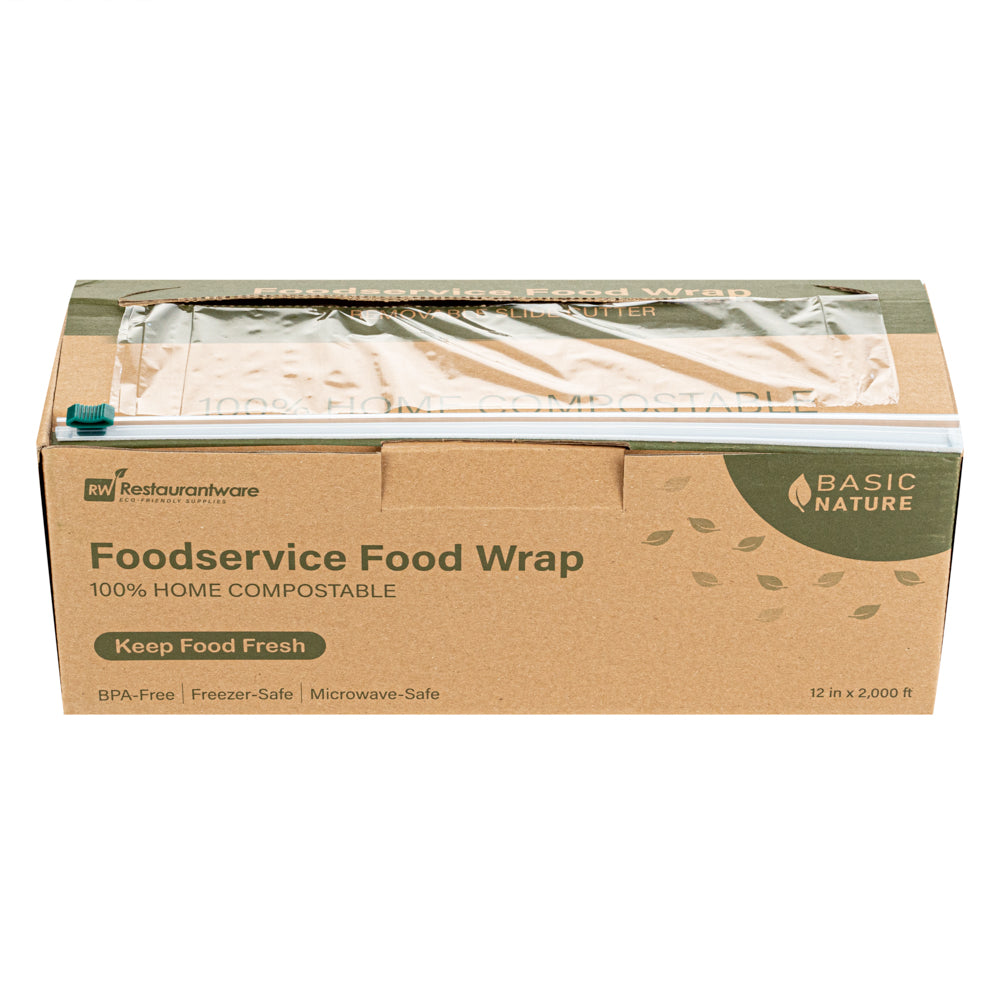 Basic Nature Clear Plastic Foodservice Food Wrap - Home Compostable, BPA-Free, Microwave-Safe - 12" x 2000' - 1 count box