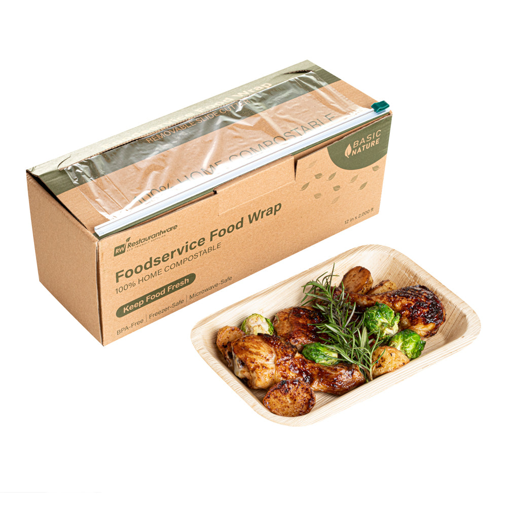 Basic Nature Clear Plastic Foodservice Food Wrap - Home Compostable, BPA-Free, Microwave-Safe - 12" x 2000' - 1 count box