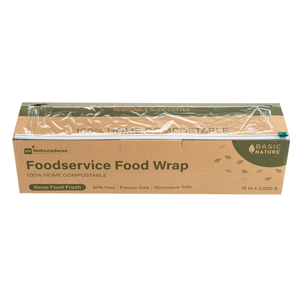 Basic Nature Clear Plastic Foodservice Food Wrap - Home Compostable, BPA-Free, Microwave-Safe - 18" x 2000' - 1 count box