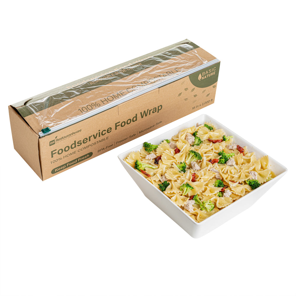 Basic Nature Clear Plastic Foodservice Food Wrap - Home Compostable, BPA-Free, Microwave-Safe - 18" x 2000' - 1 count box