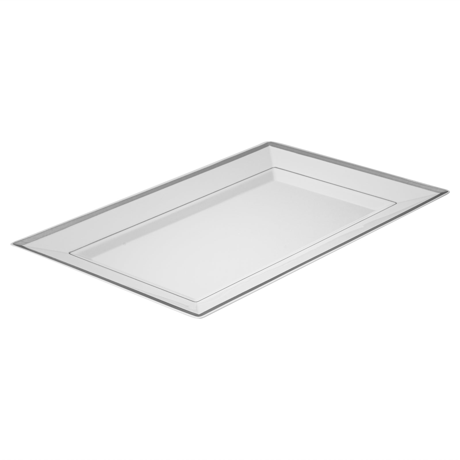 Moderna Rectangle White Plastic Silver-Rimmed Plate - 11 1/2" x 7 1/4" x 3/4" - 100 count box