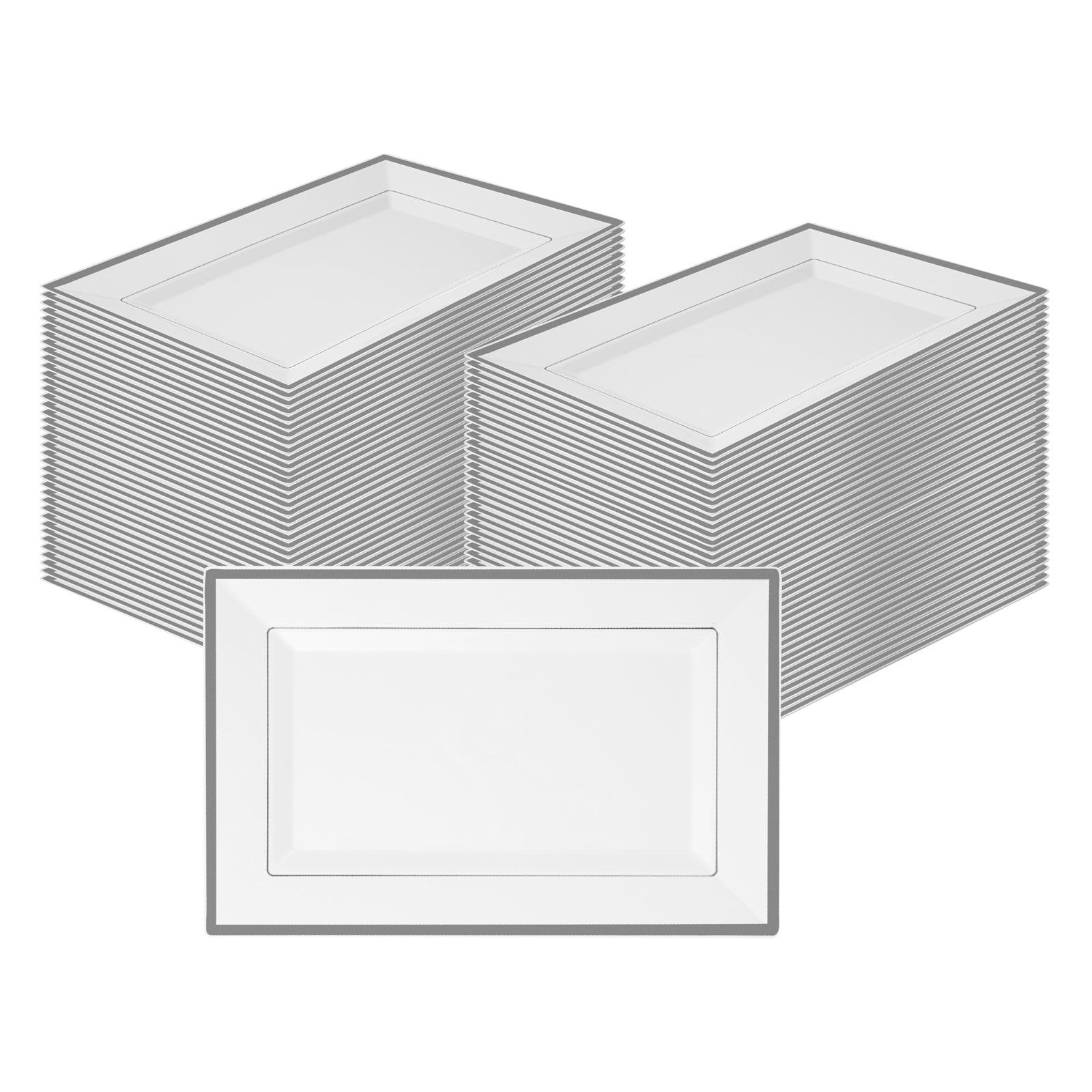 Moderna Rectangle White Plastic Silver-Rimmed Plate - 12 3/4" x 8 1/4" x 3/4" - 100 count box