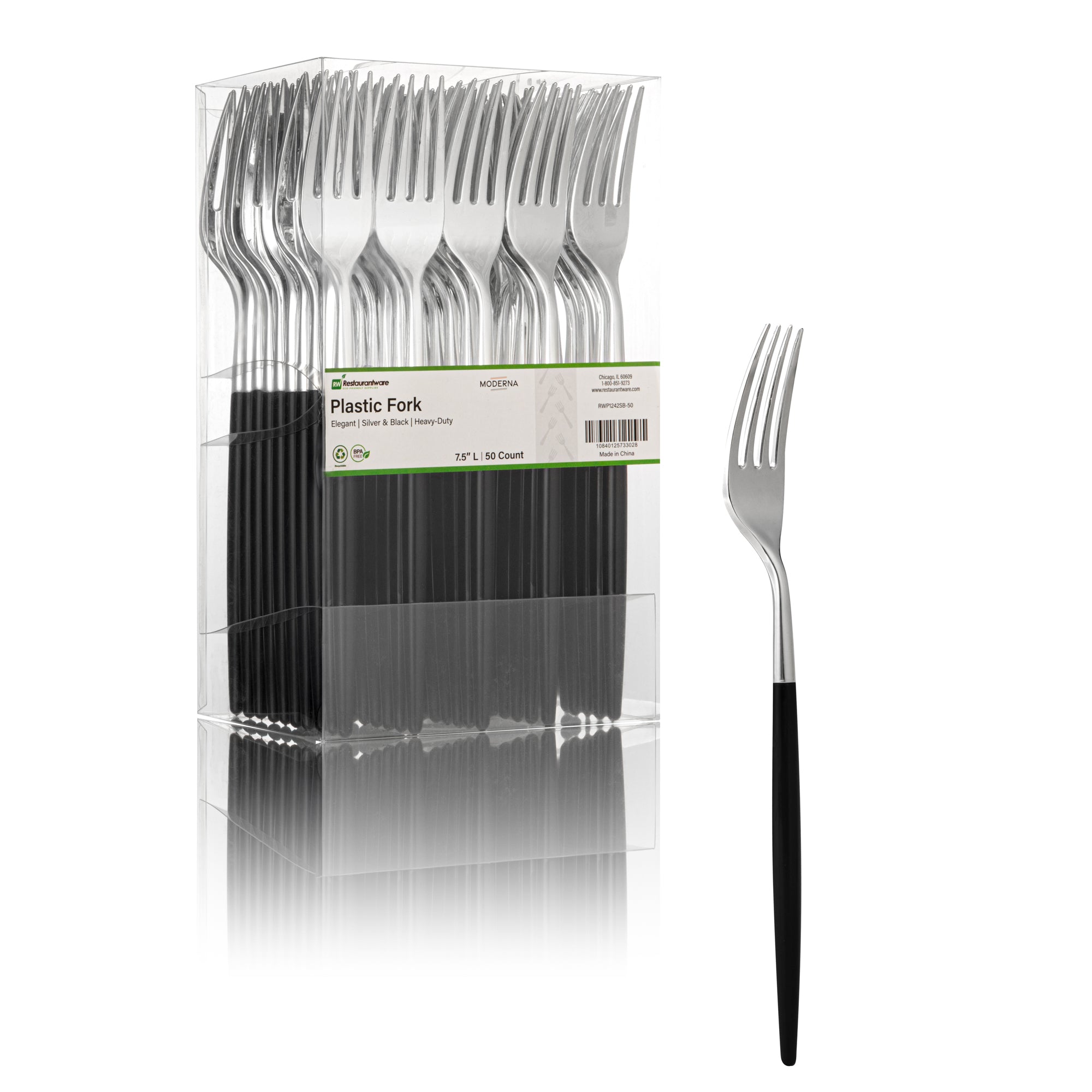 Moderna Silver Plastic Fork - with Black Handle - 7 1/2" - 500 count box