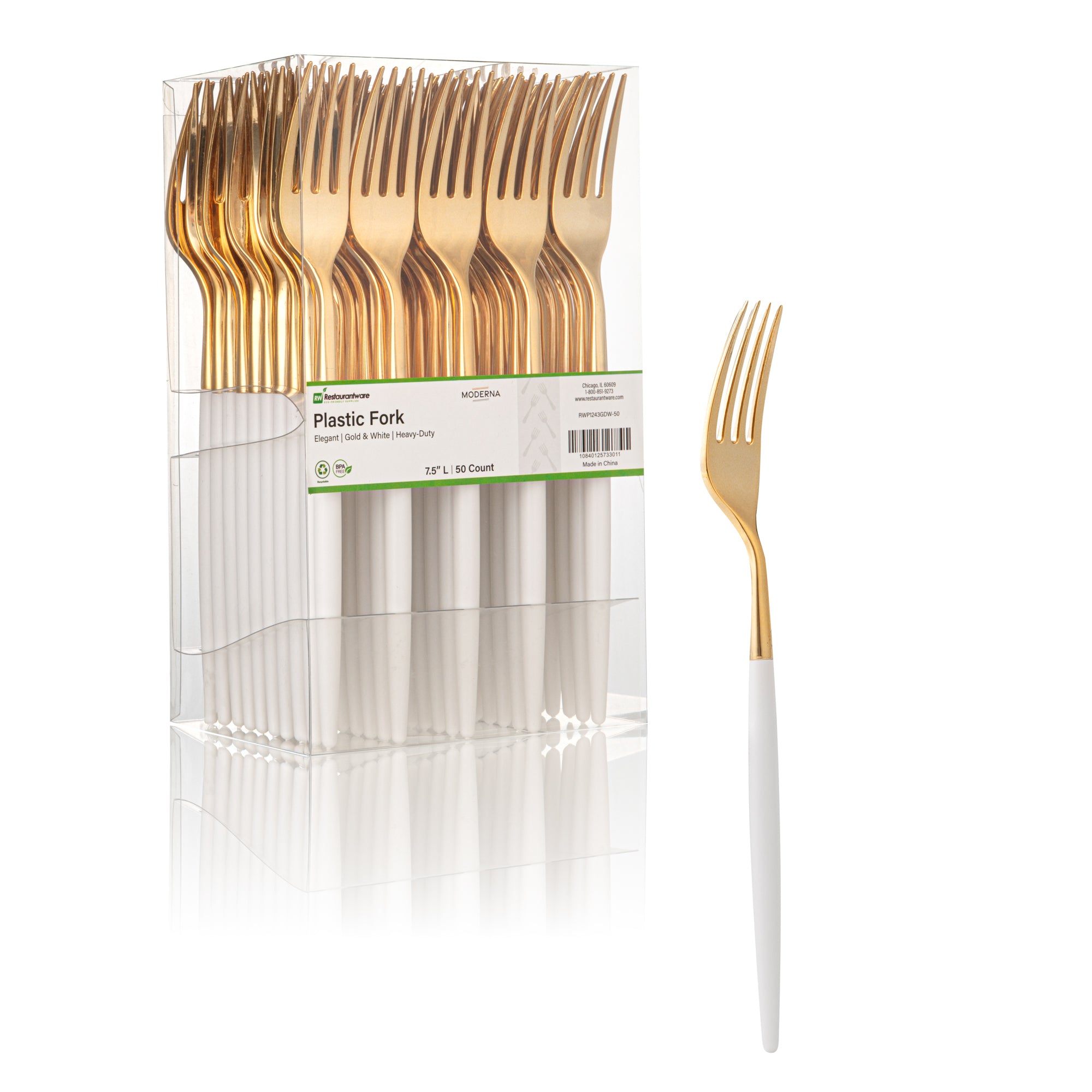 Moderna Gold Plastic Fork - with White Handle - 7 1/2" - 500 count box