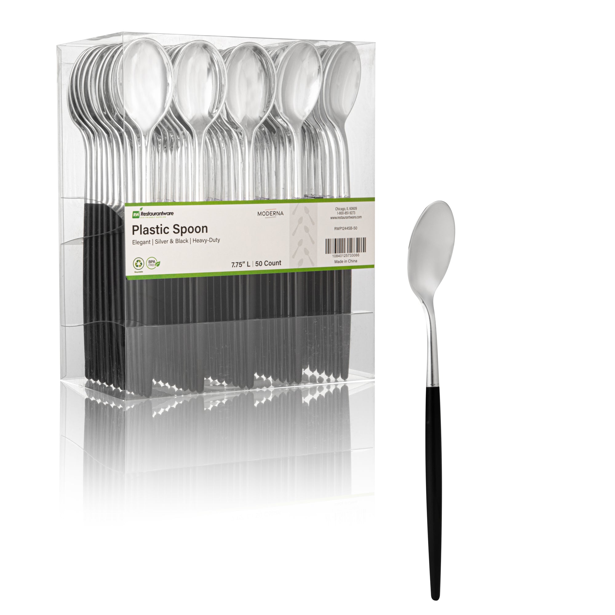 Moderna Silver Plastic Spoon - with Black Handle - 7 3/4" - 500 count box