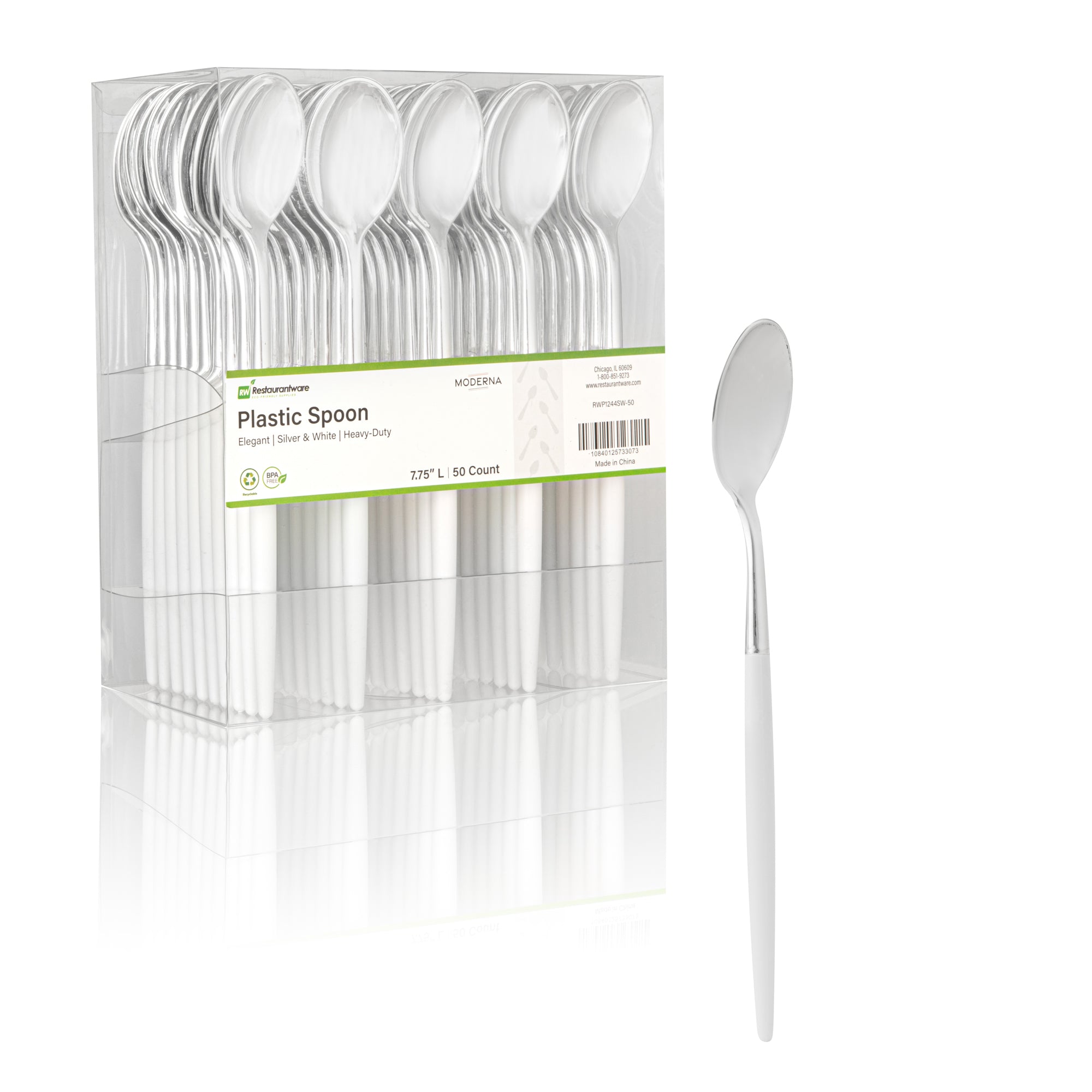 Moderna Silver Plastic Spoon - with White Handle - 7 3/4" - 500 count box