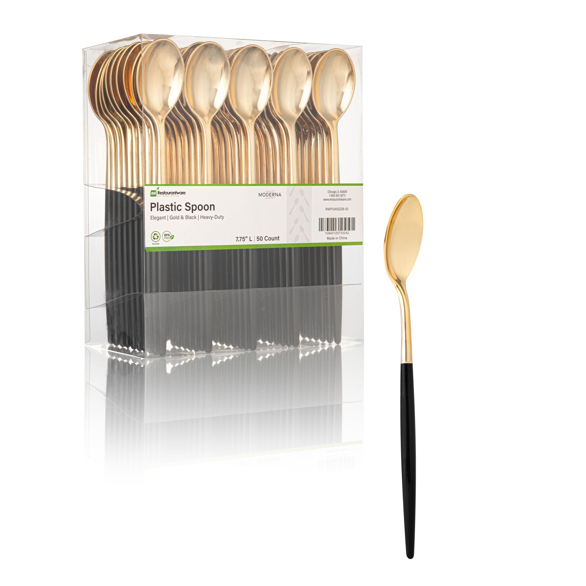 Moderna Gold Plastic Spoon - with Black Handle - 7 3/4" - 500 count box