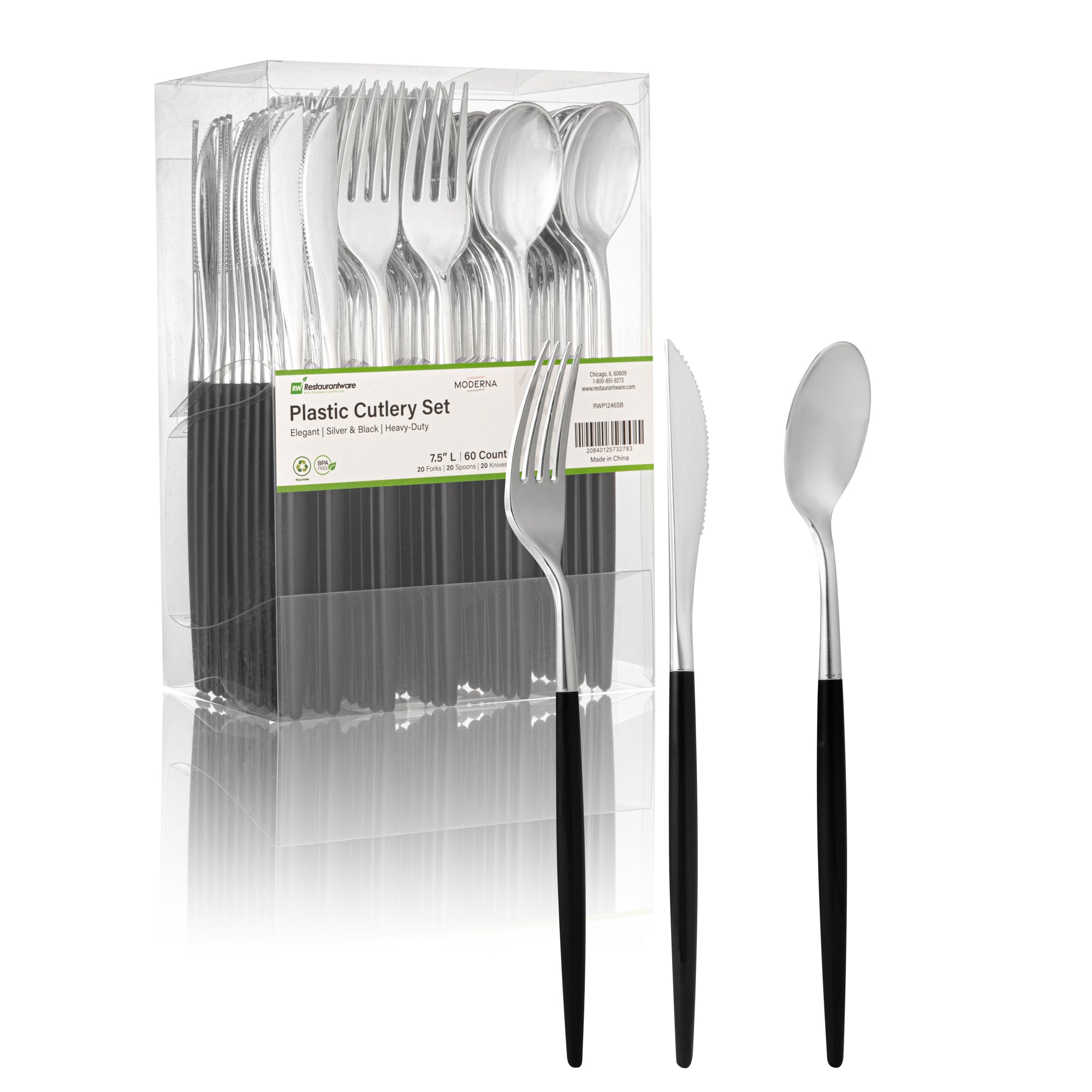 Moderna Silver Plastic Cutlery Set - with Black Handle - 7 1/2" - 60 count box