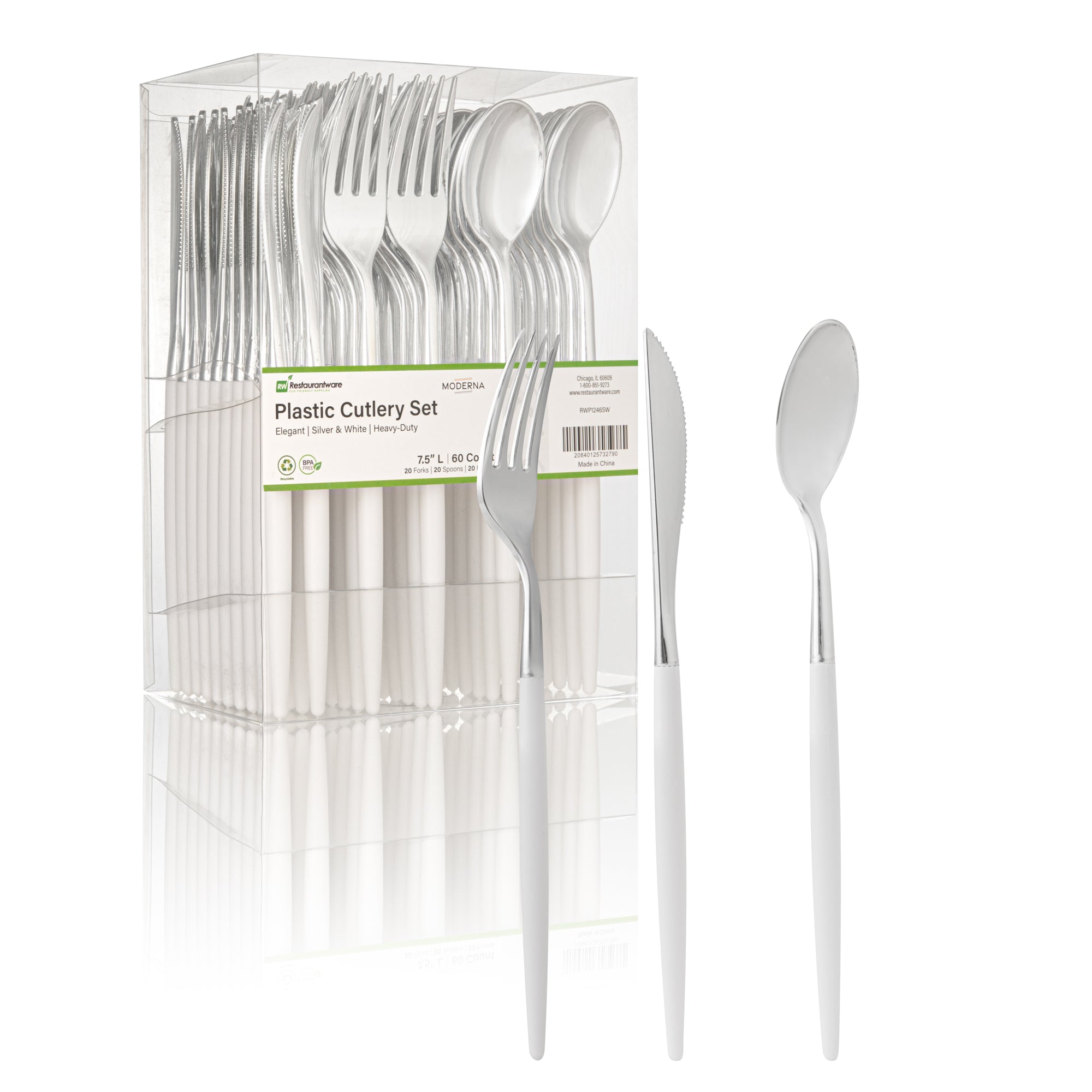 Moderna Silver Plastic Cutlery Set - with White Handle - 7 1/2" - 60 count box