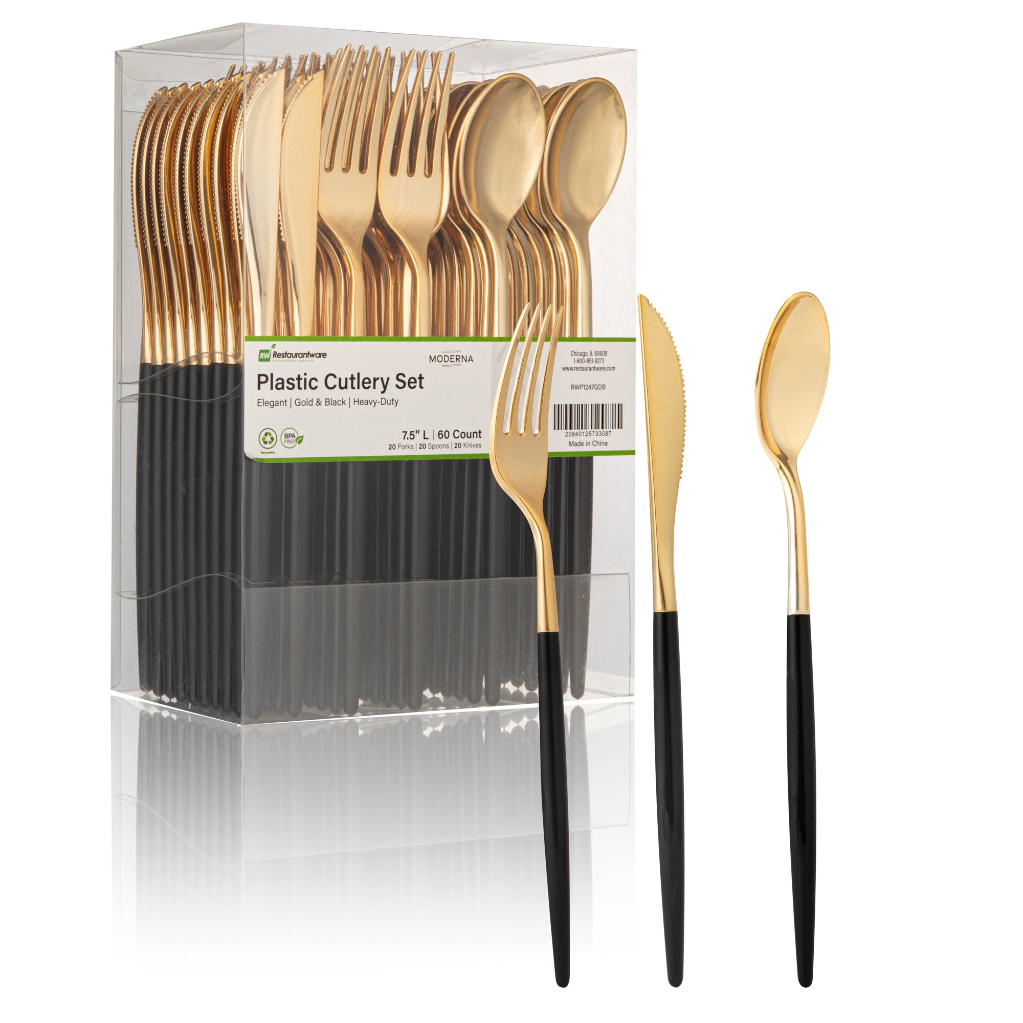 Moderna Gold Plastic Cutlery Set - with Black Handle - 7 1/2" - 60 count box