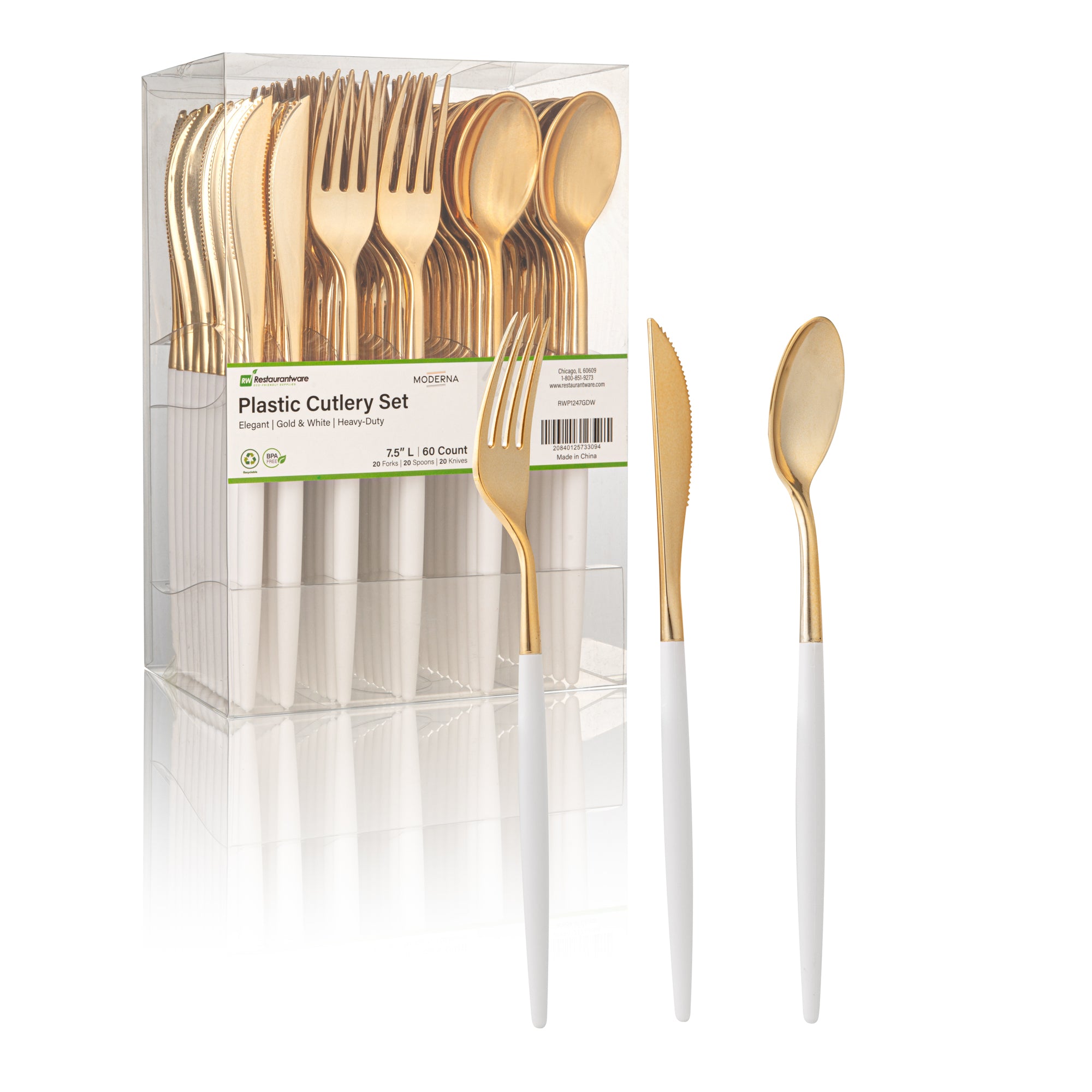 Moderna Gold Plastic Cutlery Set - with White Handle - 7 1/2" - 60 count box