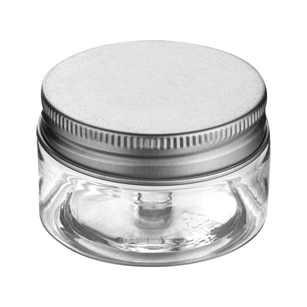 RW Base 1 oz Round Clear Plastic Candy and Snack Jar - with Silver Aluminum Lid - 2" x 2" x 1 1/4" - 100 count box